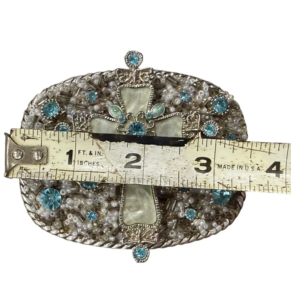 T's Buckin Buckles Cross Belt Buckle Western Christian Cowgirl Blue Rhinestone - Picture 10 of 10